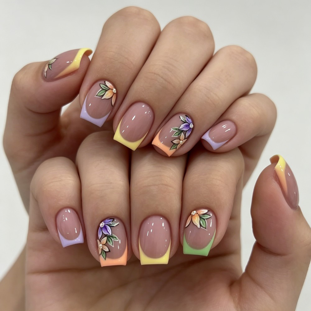 Press On Nail Set - 24Pcs Pink Floral French Tip Glossy&Elegant