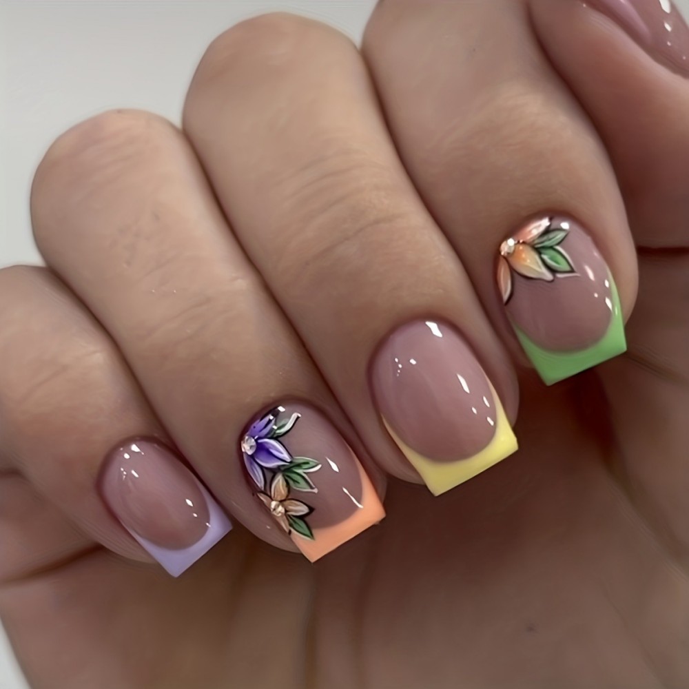 24Pcs Pink Floral French Tip G - Press On Nail Set 评论和价格