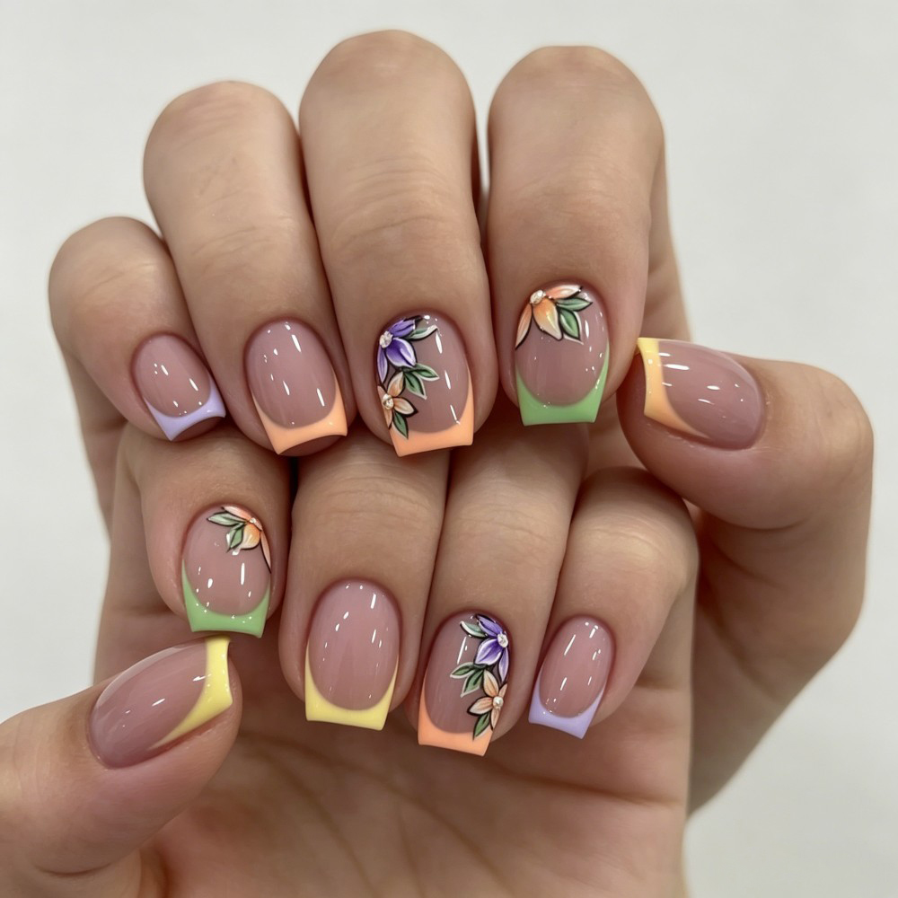24Pcs Pink Floral French Tip G - Press On Nail Set 评论和价格