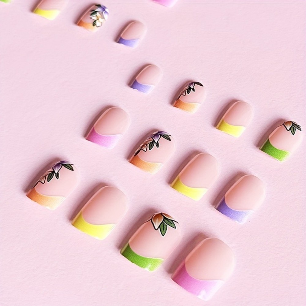 24Pcs Pink Floral French Tip G - Press On Nail Set 评论和价格